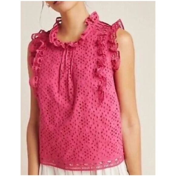 Anthropologie Tops - ANTHROPOLOGIE MAEVE Women’s Sleeveless Pink Eyelet Ruffle Top size 8